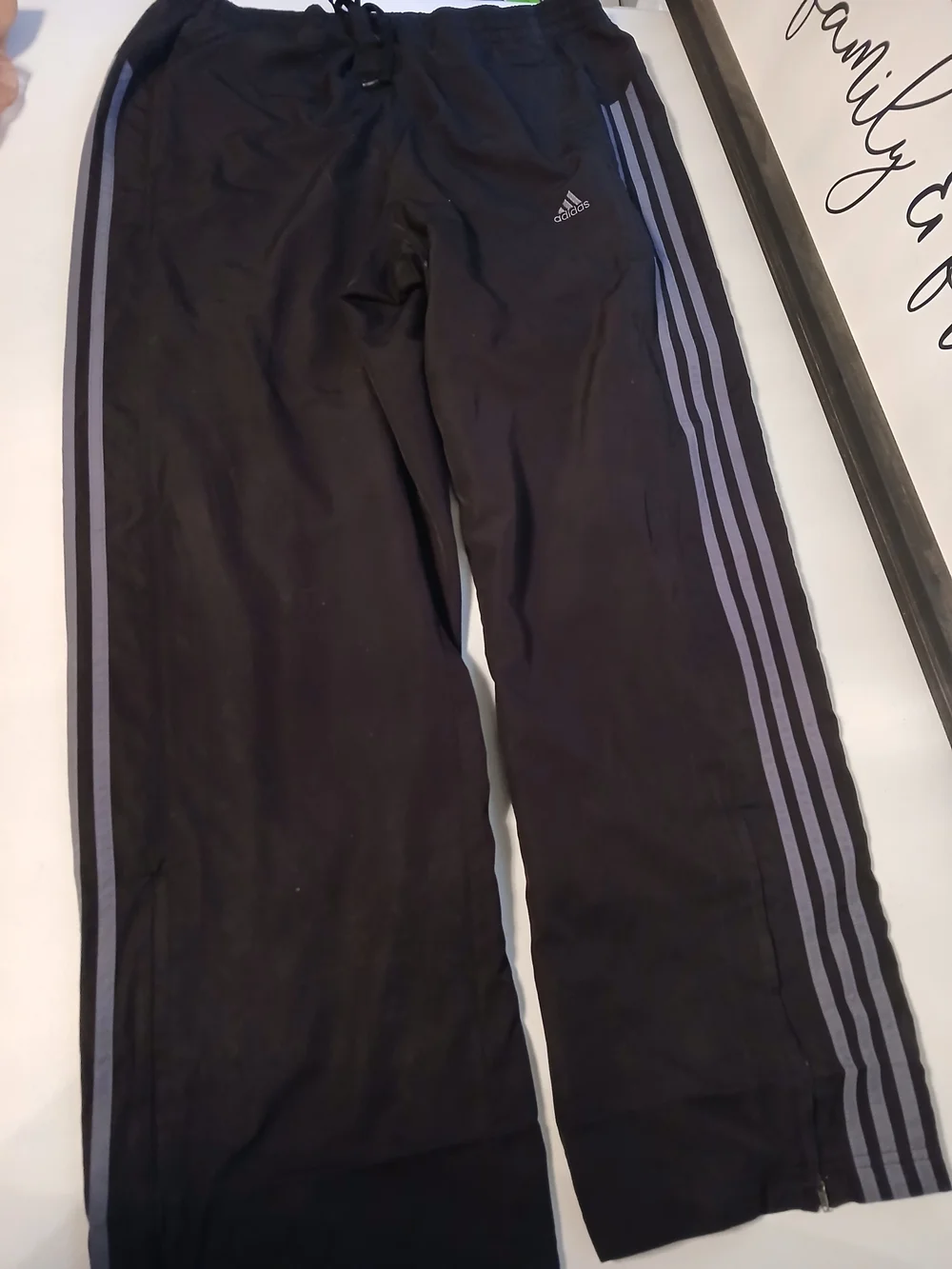 Adidas Men's Black Track Pants with Gray Stripes Size L Bottom Leg Zipper